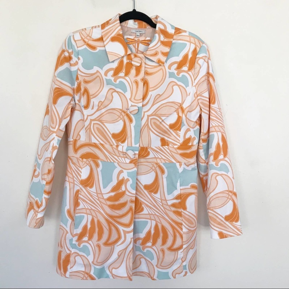 Tyler Boe Floral Pleated Trench Coat Orange Blue Women's Size 10